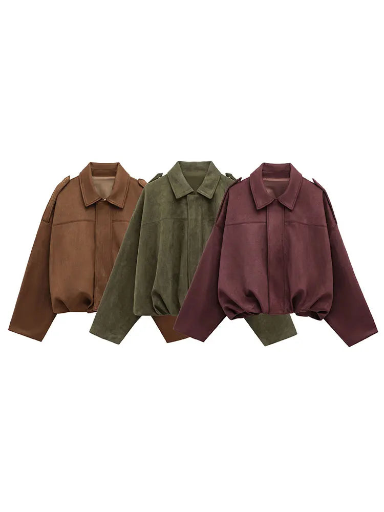 TRAFZA Women Brown Green Suede Jacket Loose Casual Bomber Coat Lapel Zipper Long Sleeve Jackets Vintage Lady Motorcycle Outwears
