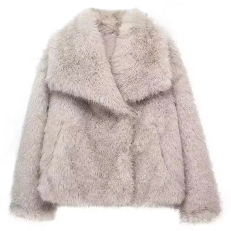 TRAFZA Women Elegant Faux Fur Coat Warm Fluffy Loose Long Sleeve Lapel Jacket Autumn Winter Fashion High Street Lady Outerwear
