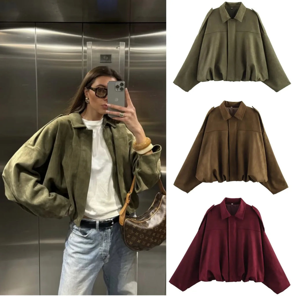 ETJ 2025  Spring new women's suede texture effect Loose version of fashion lapel shoulder bomber jacket